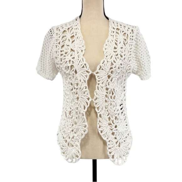 White Open Knit Crochet Cardigan Short Sleeve Boho Festival Top M - Picture 1 of 10